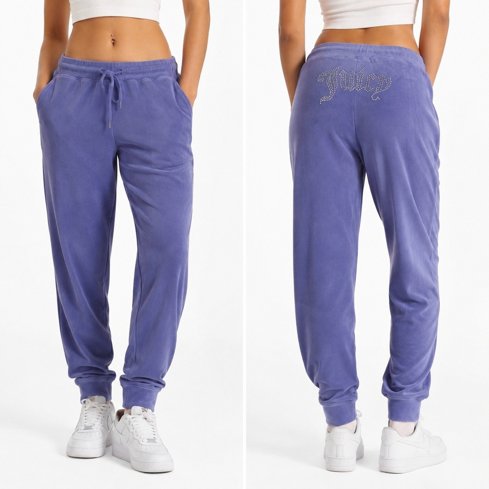 Juicy Couture Forever 21 Velour Rhinestone Logo Joggers Purple Y2K Bling Size L